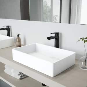 Matte Stone Magnolia Composite Rectangular Vessel Bathroom Sink in White with Faucet and Pop-Up Drain in Matte Black