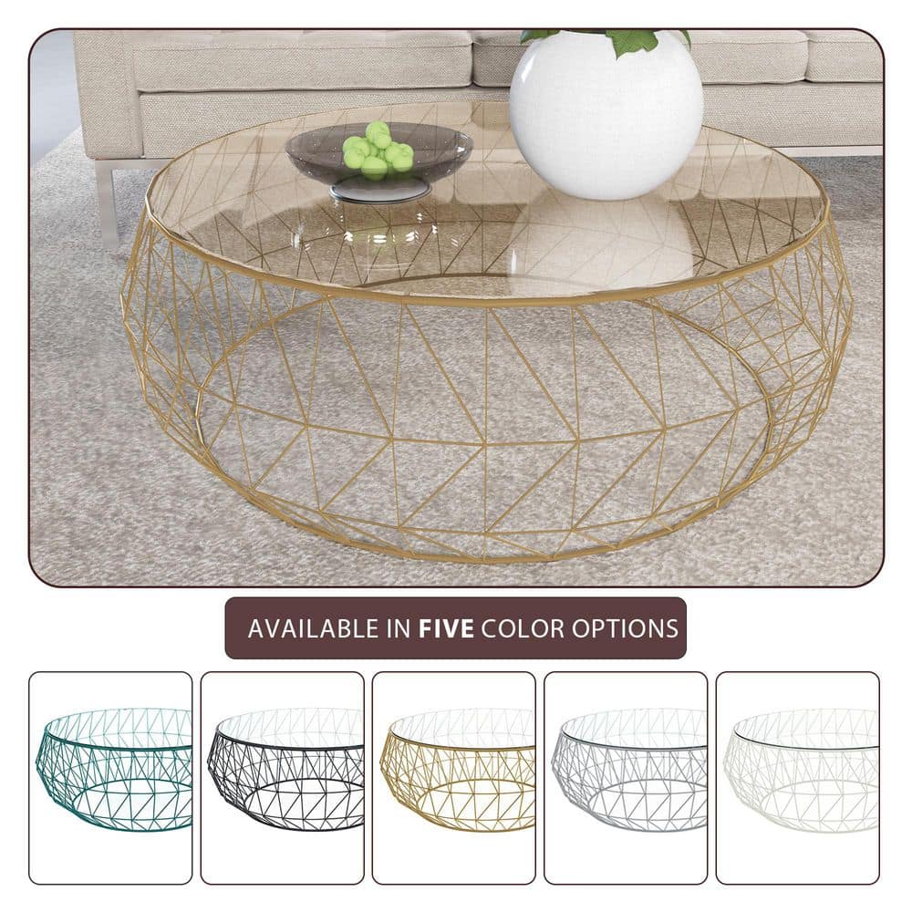 Modern Malibu 35" Round Glass Coffee Table with Geometric Gold Base
