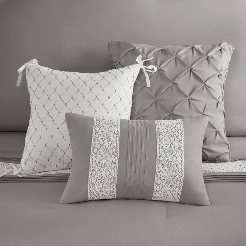 Gray Queen Microfiber 7-Piece Comforter Set with Decorative Crochet