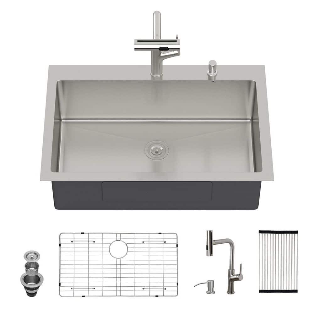 33 in. Drop-In Single Bowl 16 Gauge Brushed Nickel Stainless Steel Kitchen Sink with Pull-Out Faucet and Soap Dispenser price history on PriceWatchPro