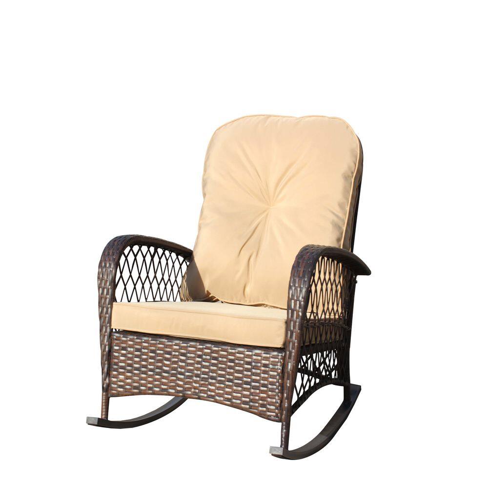 Wicker Outdoor Rocking Chair with Steel Frame and Light Brown Soft Cushion,