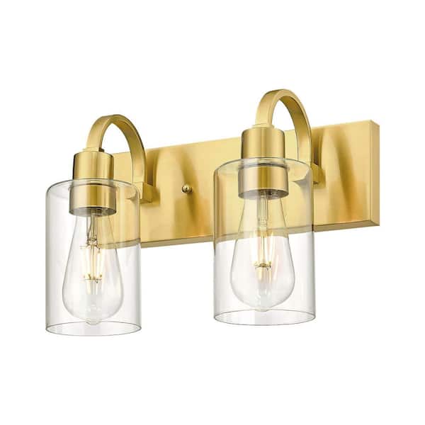 13.6 in. 2-Light Brushed Gold Vanity Light with Clear Glass Shade Bathroom Light Fixture