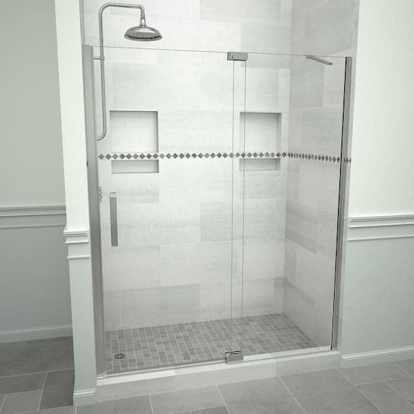 Tile Redi Redi Swing 5200 47 in. W x 76 in. H Semi-Frameless Pivot Shower Door in Polished Chrome with Handle and Clear Glass