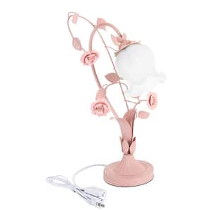 16.92 in. Pink Retro Rose Glass Task and Reading Desk Lamp with White Flower Glass Shade, No Bulbs Included
