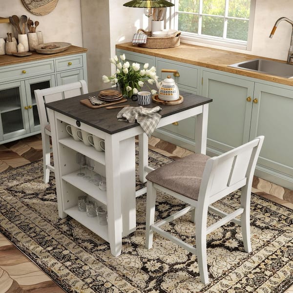 Frankie 3-Piece Rectangle White and Gray Wood Top Counter Height Dining Room Set (Seats 2)