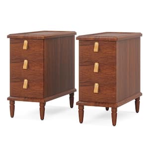 Kerlin Solid Wood Narrow3-Drawer End Table Set 2, Brown Rectangular Side Table with Leatherette Handle