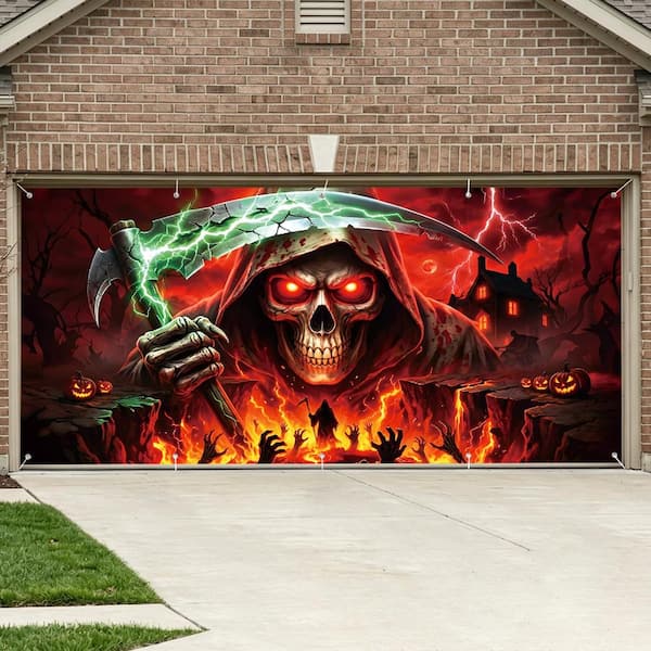 Justincity 16 ft. x 7 ft. Halloween Garage Door Cover Skull Ghost