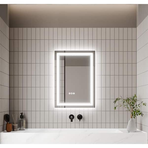 EAKYHOM 20 in. W x 28 in. H Rectangular Frameless Anti-Fog Wall Dimmable Backlit Dual LED Bathroom Vanity Mirror in Silver