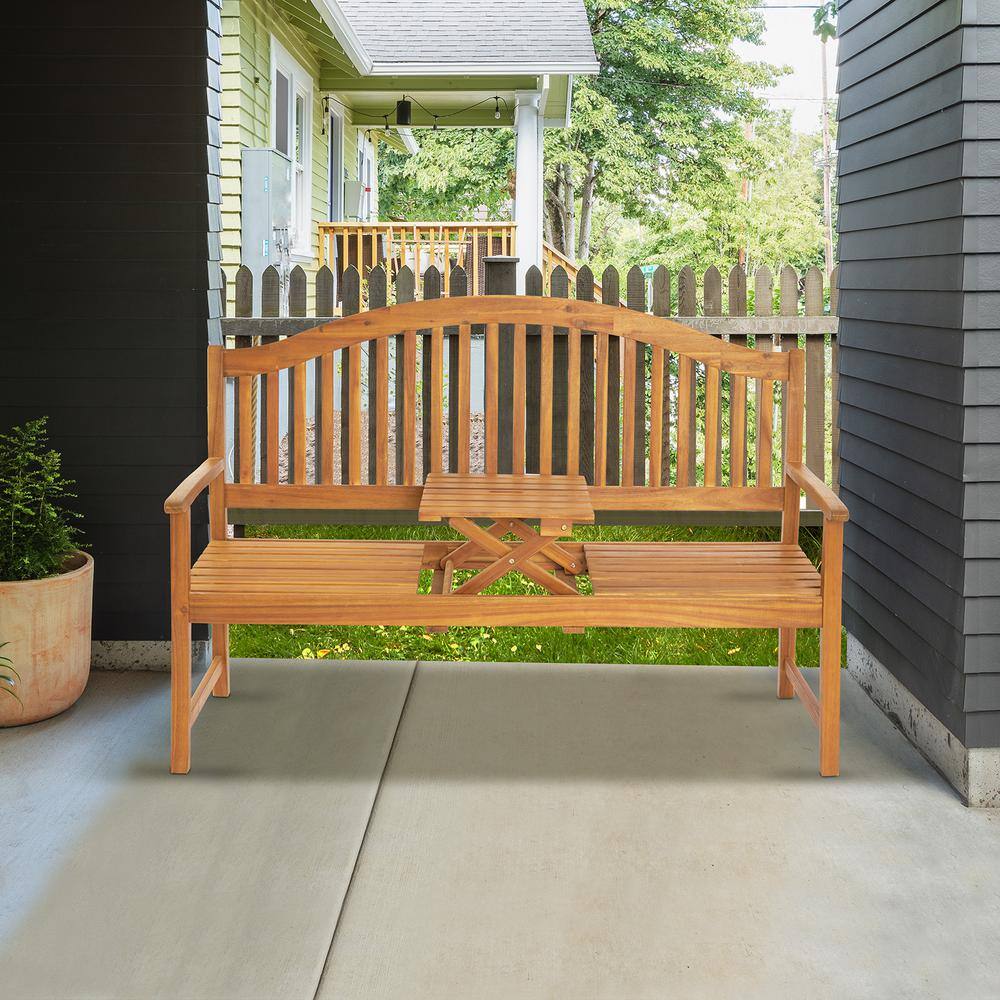 59" Rustic Acacia Wood Outdoor Bench with Pop-Up Table