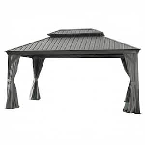 12 ft. x 16 ft. Grey Outdoor Aluminum Gazebos Patio Hardtop Gazebo with Galvanized Steel Double Roof Curtain and Netting