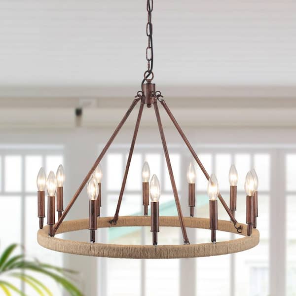 12-Light Reddish Rusty Wagon Wheel Farmhouse Chandelier Candlestick Chandelier for Kitchen Island