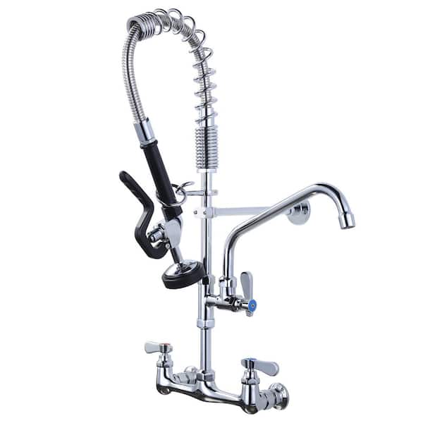 WOWOW Wall Mount Triple Handle Pull Down Sprayer Kitchen Faucet with Pre-Rinse Sprayer with Advanced Spray in Polished Chrome