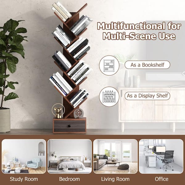 Costway 15 in. Wide Brown 10-Tier Wooden Tree Bookcase with Drawer