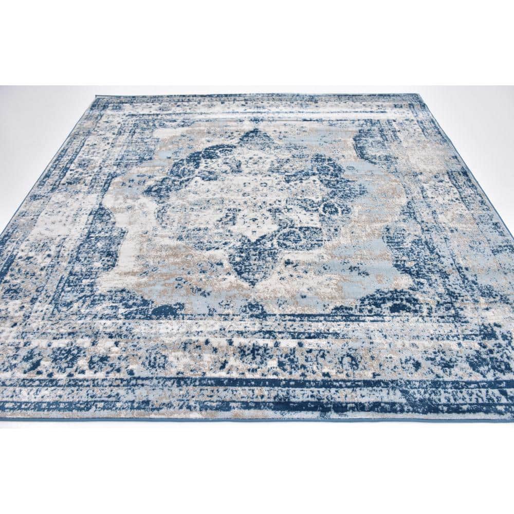 Sofia Medallion Square Stain-Resistant Easy Care Rug in Blue
