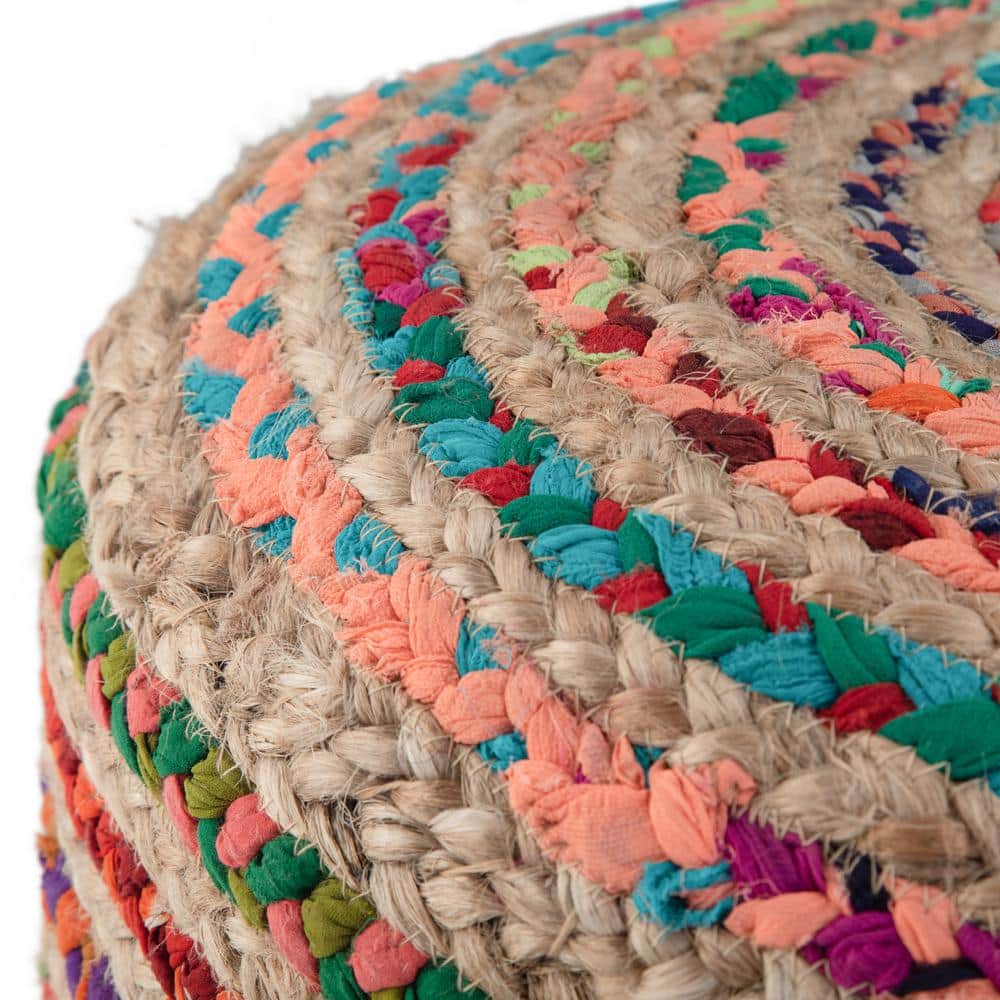 Margo Boho Hand-Braided Jute & Cotton Round Pouf, Multicolor