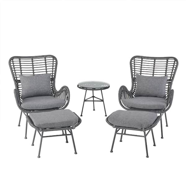 Noble House Acuna Black 3-Piece Metal Outdoor Patio Conversation Set with Dark Grey Cushions