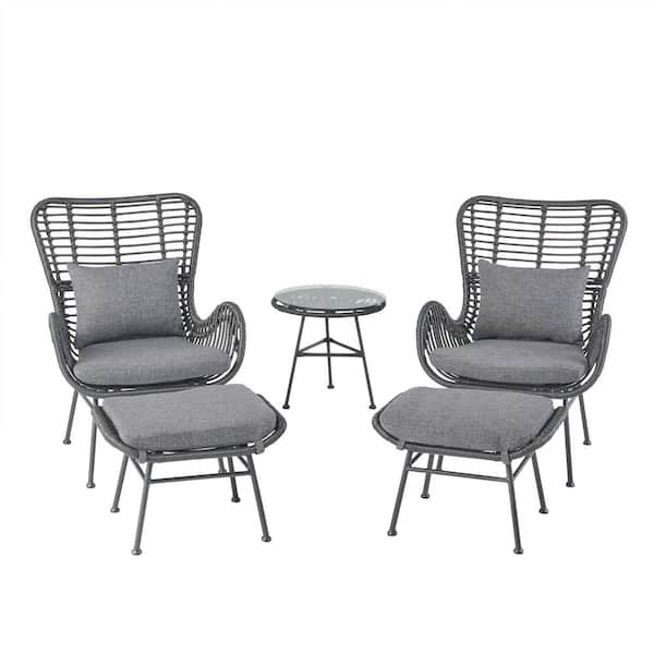 Noble House Acuna Black 3-Piece Metal Patio Conversation Set with Dark Grey Cushions