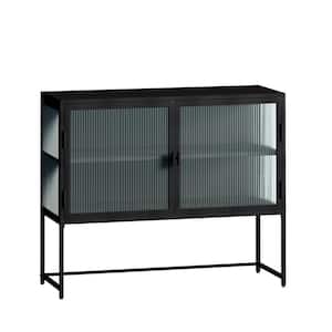 43.31 in. Matte Black 2-tier Storage Cabinet with Tempered Glass-Doors