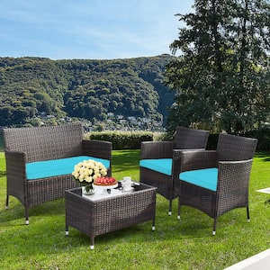 4 Pieces Patio Wicker Rattan Conversation Furniture Set Outdoor w/Brown & Turquoise Cushion