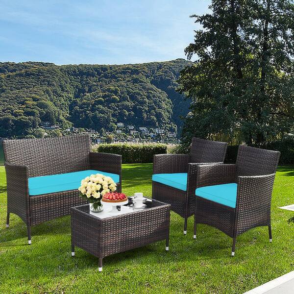 Gymax 8 Pieces Patio Wicker Rattan Conversation Furniture Set Outdoor w/Brown & Turquoise Cushion