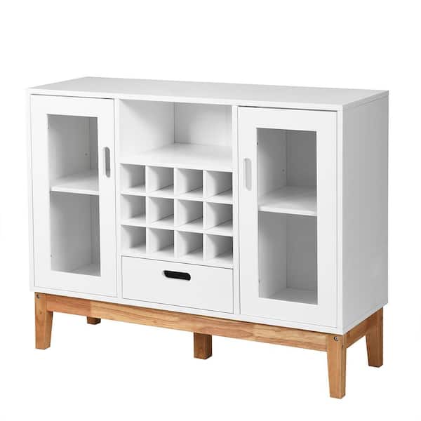 Costway White and Natural Wood Wine Storage Cabinet W/Wine Rack and Drawer