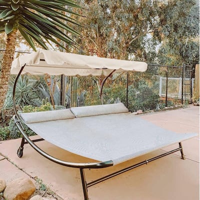 Brown Metal Double Outdoor Chaise Lounge Bed with Gray Cushions and Headrest Pillow