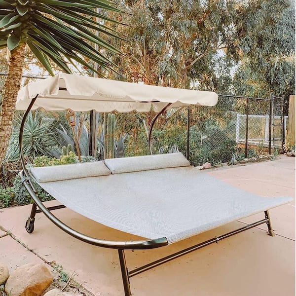 Vaag een miljoen Slink Abba Patio Brown Metal Double Outdoor Chaise Lounge Bed with Gray Cushions  and Headrest Pillow APRH20020032B - The Home Depot
