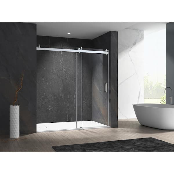 MCOCOD 60 in. W x 76 in. H Single Sliding Frameless Shower Door in Brushed Nickel with Soft-closing and 3/8 in. (10 mm) Glass