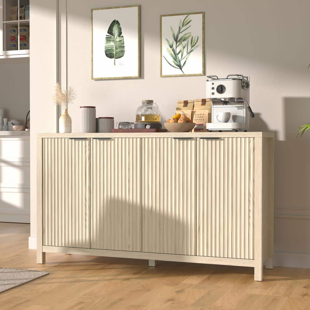 Wood Color Particle Board 55 in. Accent Buffet Cabinet Dining Table with 4-Fluted Doors