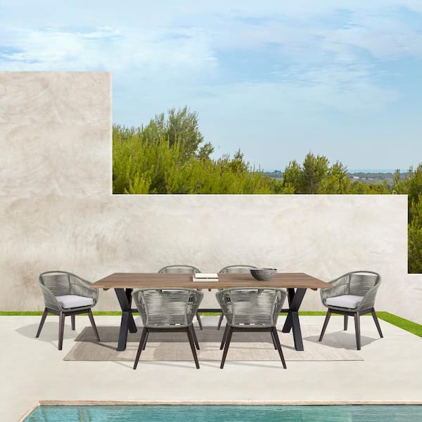 Armen Living Glendora and Tutti Frutti Dark Brown 7-Piece Eucalyptus Wood Outdoor Dining Set with Light Gray Cushions