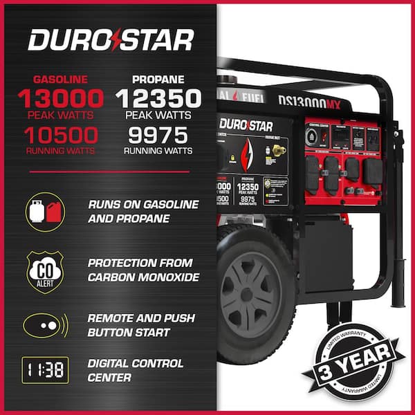 13000-Watt Push Button Start Dual Fuel Gas and Propane Powered Portable Generator with CO Shutdown Sensor 50Amp Outlet