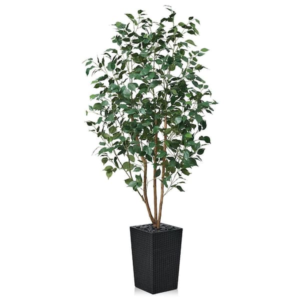 6 ft. Artificial Ficus Tree Indoor/Outdoor Real Wood Trunk,Fake Plant in Black Planter for Home Office Living Room Decor