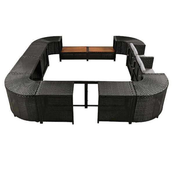 ITOPFOX Grey Plastic Outdoor Chaise Lounge Sectional with Cushion Wooden Seats Mini Sofa Quadrilateral Rattan and Storage Spaces