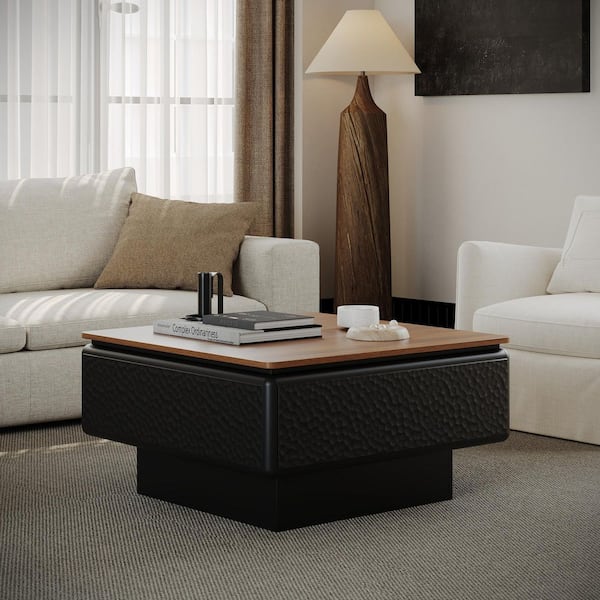 Bonifacy 31.5 in. Black Square Wood Coffee Table with Hidden Storage