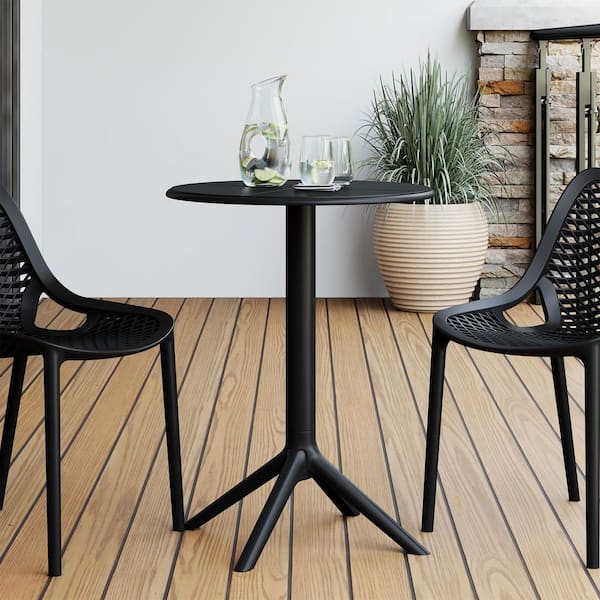 Frond&Form Modern Outdoor 23.5" Round Pedestal Base Poly Plastic Patio Bistro Dining Table, Black