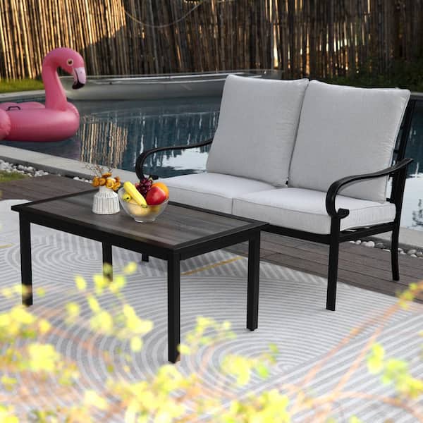 MEOOEM Outdoor 47.2 in. Loveseat Sofa Bench and Table Set, 2-Piece Metal Patio Conversation Set with Light Gray Cushions