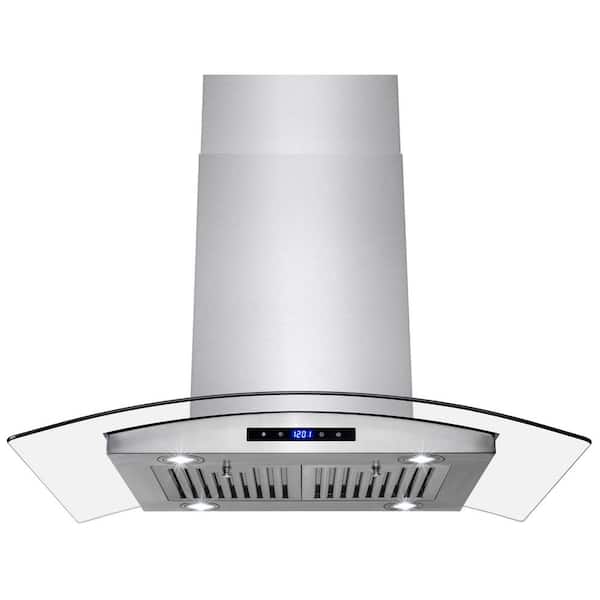 AKDY 36 in. Convertible Kitchen Island Mount Range Hood in Stainless Steel with Tempered Glass, LEDs and Touch Controls