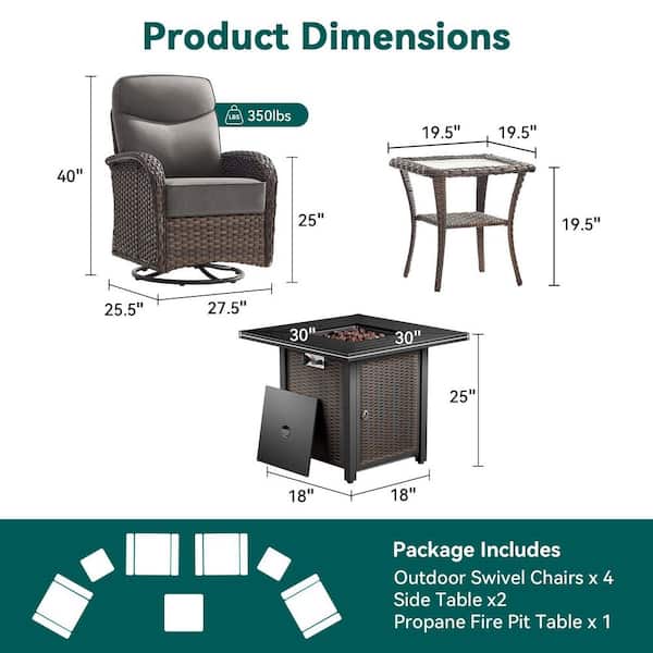 Moonridge 7-Piece Brown Wicker Fire Pit Conversation Set with 6 In. Olefin Gray Cushions / Patio Swivel Chairs