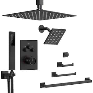 Multiplepress Single Handle 7-Spray Tub and Shower Faucet 2.5 GPM with Towel Rack Set in Matte Black Valve Included