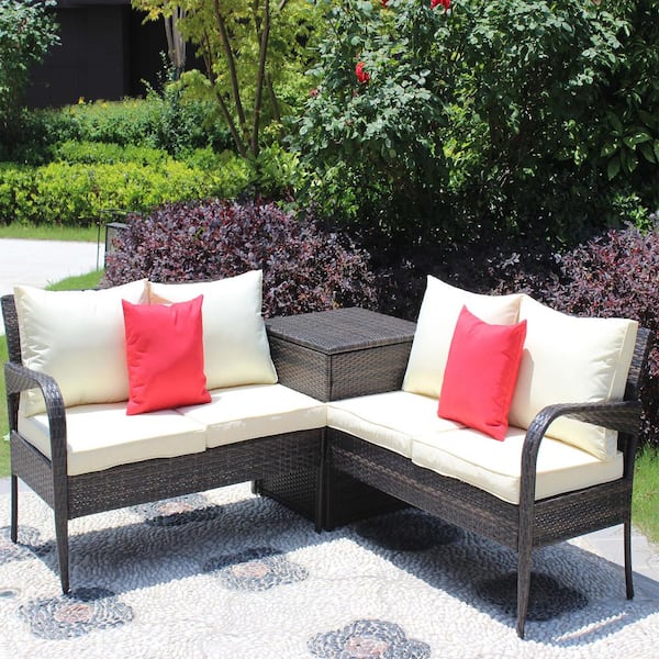 3-Piece Wicker Patio Outdoor Sectional Furniture Set with Beige Cushions