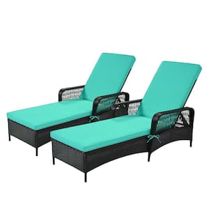 Black Metal Wicker Rattan Outdoor Recliner with Blue Seat Cushion and Weatherproof Material