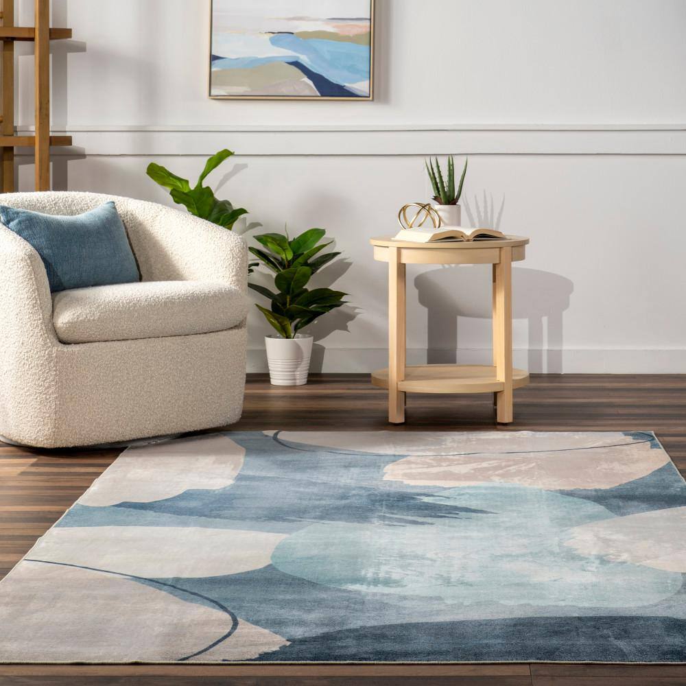 Blue Abstract Washable Non-slip Synthetic Area Rug, 3 x 5 ft