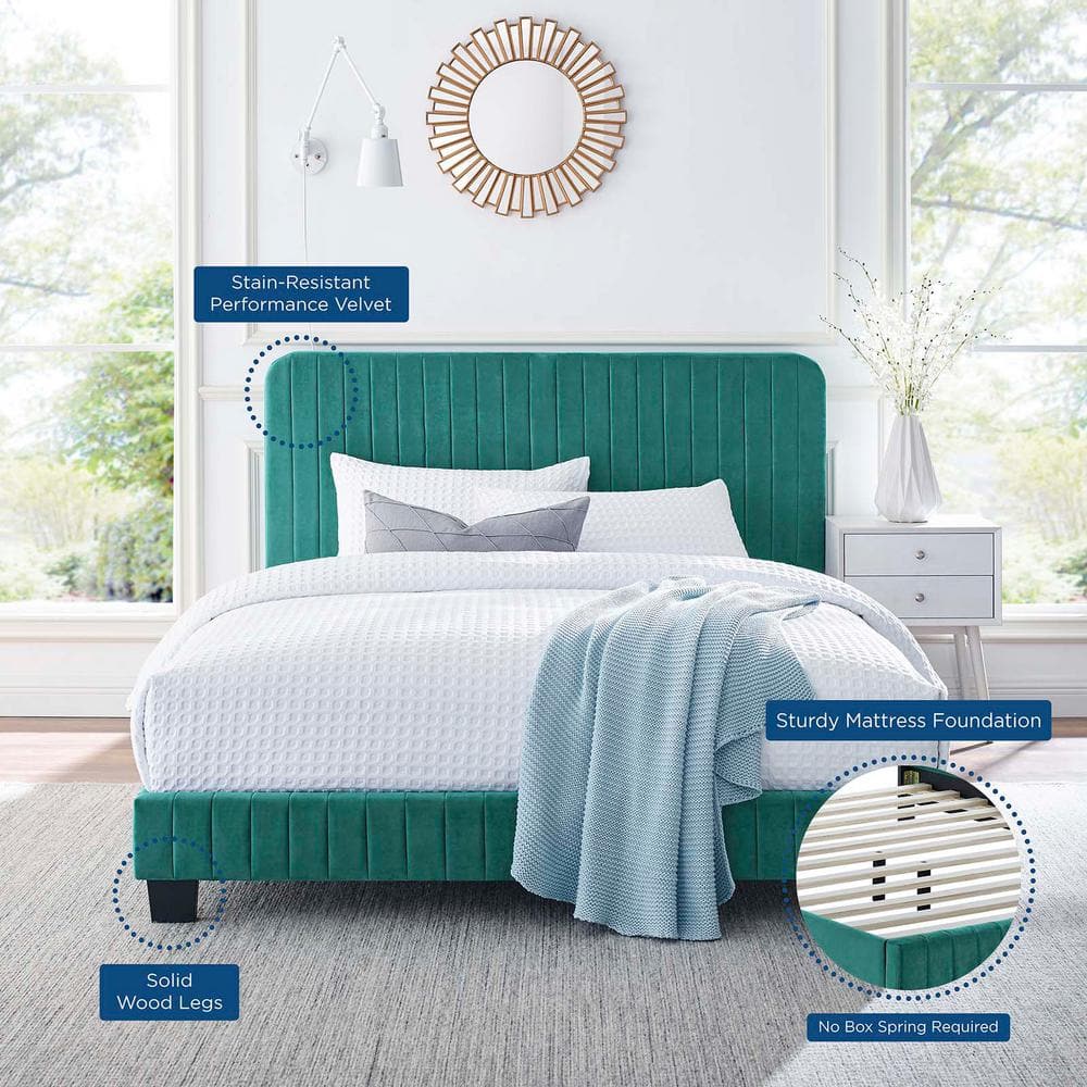 Luxe Glam Deco Teal Velvet Full Platform Bed with Channel Tufting