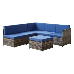 Grey 4-Piece Wicker Patio Furniture Sets Outdoor Sectional Sofa Set Sectional with Blue Cushions and Table
