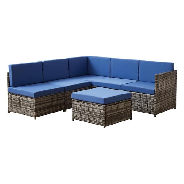 GOOEEN Grey 4-Piece Wicker Patio Furniture Sets Outdoor Sectional Sofa Set Sectional with Blue Cushions and Table