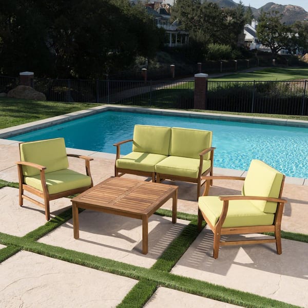 Noble House Perla Teak Brown 5-Piece Wood Outdoor Patio Conversation Seating Set with Green Cushions