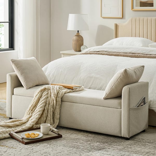 JAYDEN CREATION Andres Ivory 59 in. W Modern Storage Bench with 2-Pillows
