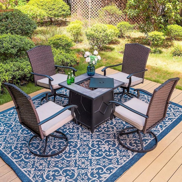 PHI VILLA 5-Piece TerrFab Patio Fire Pit Set, 4 Beige Cushioned Swivel Rattan Chairs, 28 in. Square Gas Fire Pit Table