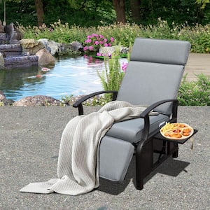 Brown Metal Outdoor Recliner with Flip Table Push Back and Gray Cushions