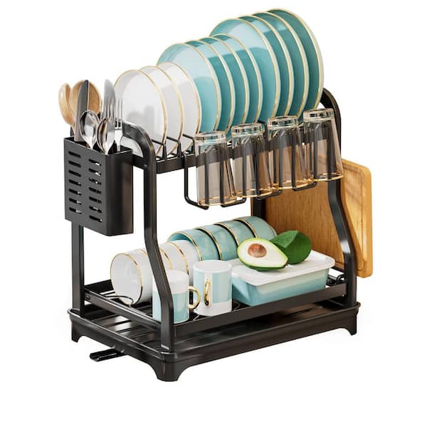 2 Tier Dish Drying Rack for Kicthen Counter, Auto-Draining Dish Drainer Rack with Cutlery Holder, Cup Rack, Drainboard